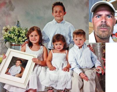 For a good

cause: Derek Frechette (above, right) was a driving force behind

Christian’s Law, and promotes swimming safety through the CEF

Foundation. Gathering for a portrait, the Frechette children are

Cameron, standing; and (L-R) Ashton, holding a photo of Christian;

Reese; and Caden.