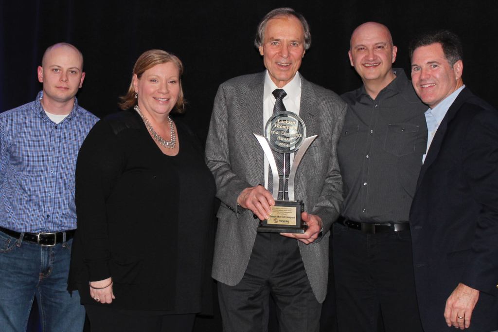 A three-peat: Olympic Hot Tub of Seattle took home its third Locksin Thompson Hot Spring Dealer of the Year Award. Shown (L-R): Rob Anderson, Patty Fitzgerald-Taylor, co-owner Blair Osborn, Don Riling and Watkins President Steve Hammock.