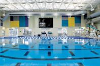 The aquatics complex includes a separate 25-yard-by-25-meter competitive pool supporting various training and aquatic fitness activities, as well as competitive swim events. A 13-foot-6-inch-deep portion of the pool accommodates diving from two 1-meter springboards. Spectator seating for 250 is elevated along one side of the competition pool,creating optimum sight lines.