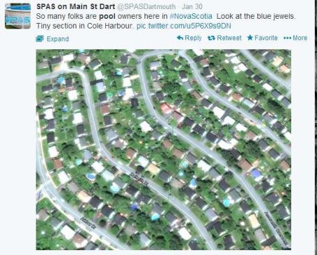 We're really digging this aerial shot 
@SPASDartmouth shared of some pools lining a few blocks in Cole Harbour, Nova Scotia. Although the average temperature there in August hovers around 17 degrees Celsius (about 64 Fahrenheit), folks there still seem to enjoy their backyards. Wonder if they're heated pools... #PSNSocialService