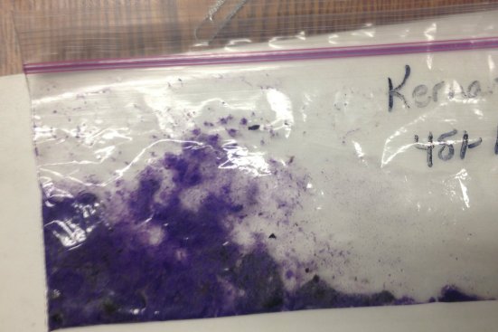 Under the right conditions, copper cyanurate can create purple grit, seen here.