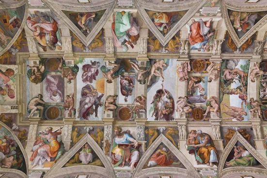 A detail of the Sistine Chapel’s ceiling after the lighting refurbishment and illuminated with the new custom LED lighting system.