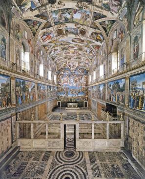 A view of the Sistine Chapel. Pope Julius II commissioned Michelangelo to paint the ceiling, and the work took place from 1508 to 1512.