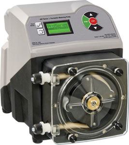 Peristaltic pumps, like the

one pictured above, provide a safe and efficient way to pump many

liquid chemicals into a pool’s circulation system. Their

closed design prevents gases from escaping into the air, and their

electronically timed rotation keeps chemical dosage

consistent.